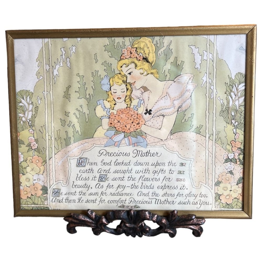 Vtg 1930s PRECIOUS MOTHER Poem Print Art Gold Frame Mother's Day Hanger 9" x 7"